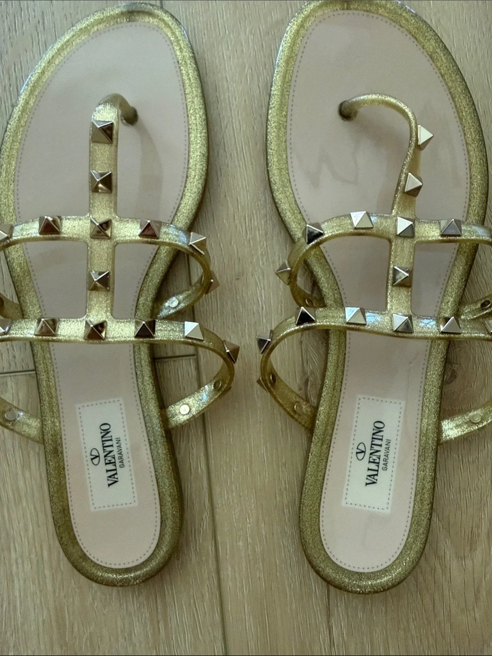 Valentino Metallic Gold Rockstud Strappy Toe-Loop Sandals